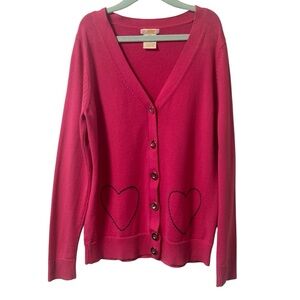 Joe Fresh Girls Cardigan Bright Pink Blue Hearts Button Up Thin Knit Large 10 12